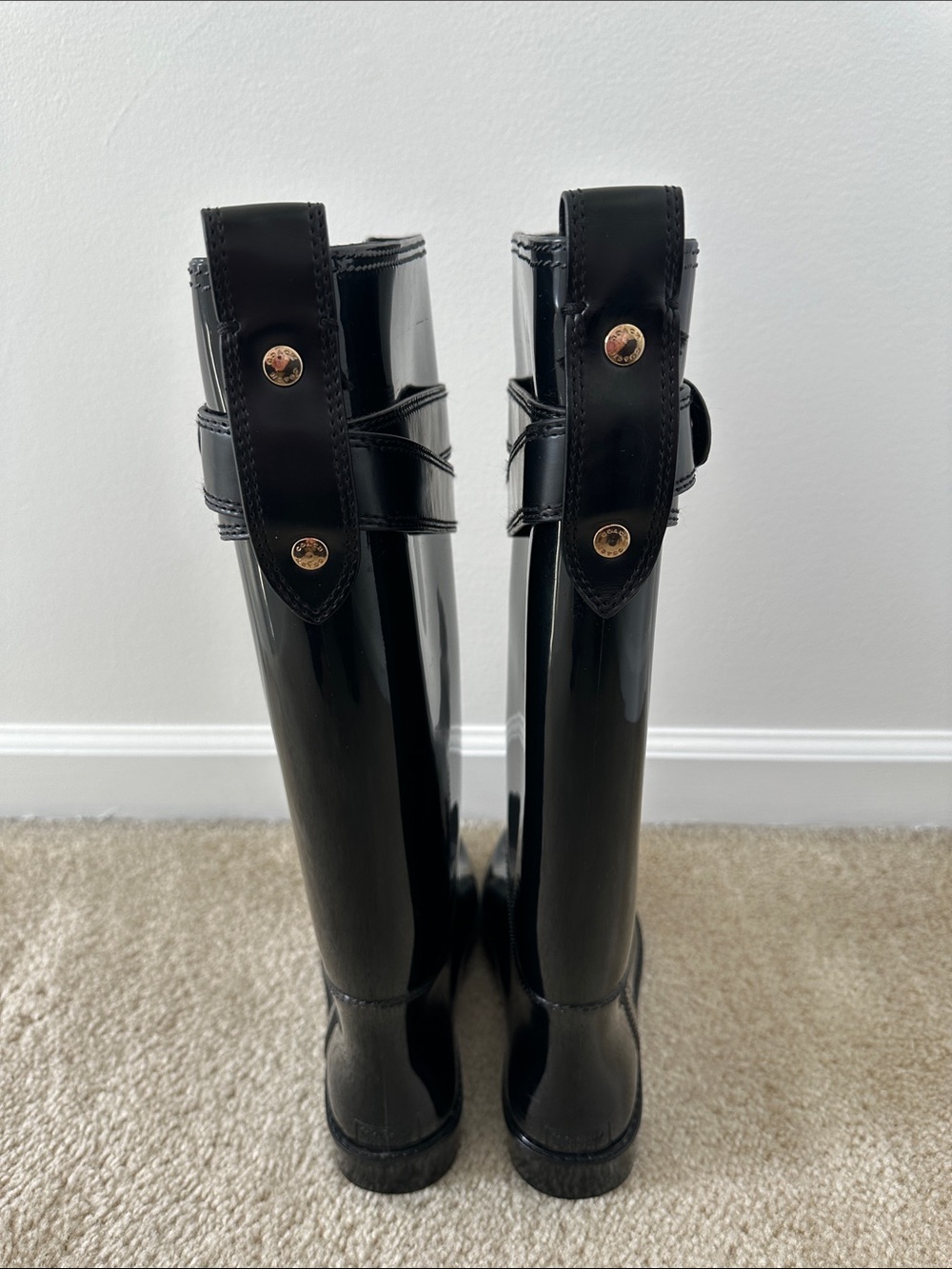 Coach Patent Black Knee-High Rain Boots with Gold Accent - Picture 3 of 14